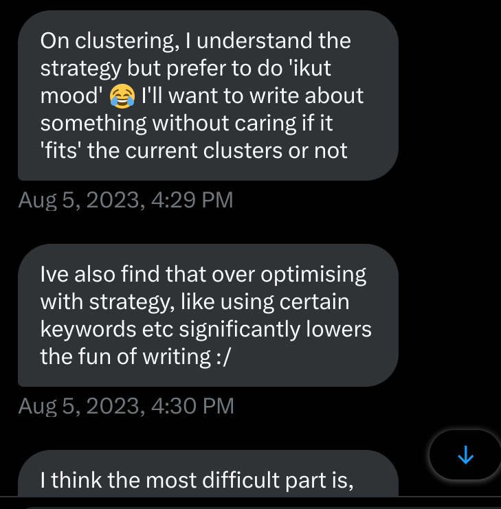 A screenshot of a conversation about topic clustering on X (or Twitter)