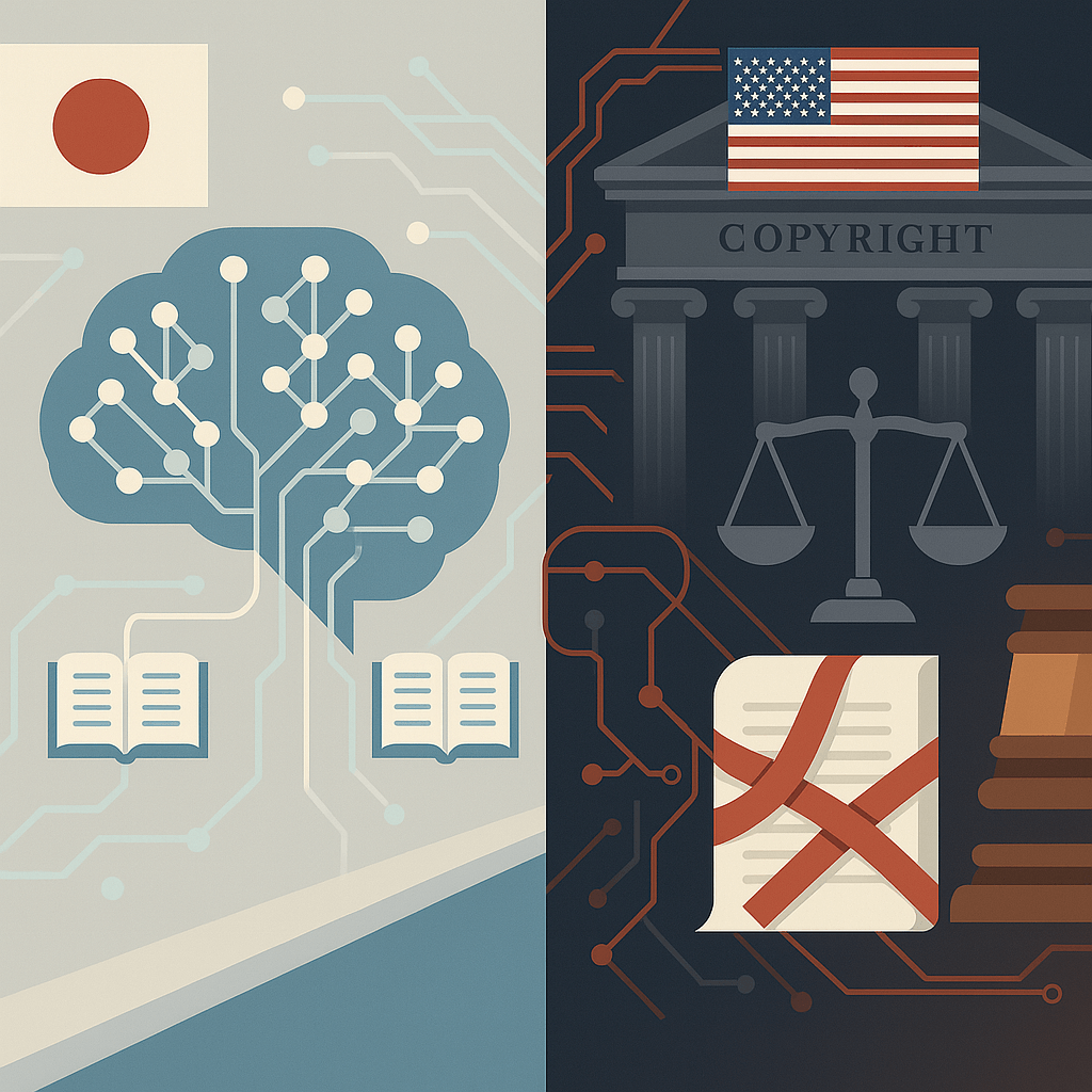 A split-screen graphic contrasts Japanese AI development with American legal concepts and copyright restrictions.