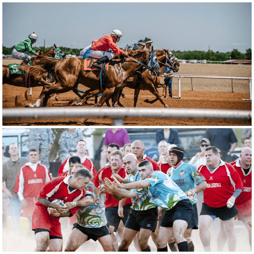 Split image shows horse racing and a muddy rugby scrum, illustrating competition in business and differentiation through distinct strategies.