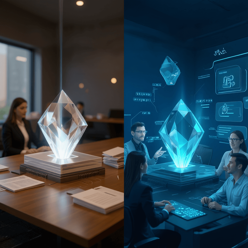 Two business professionals review data insights on a laptop displaying a complex, futuristic visualization of interconnected nodes and lines, demonstrating analysis and strategic planning.