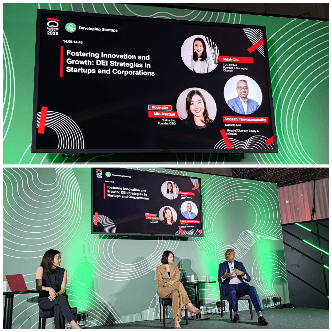 Panel discussion on DEI strategies in startups and corporations at the 2025 event. Moderator Mio Asatani with Sarah Liu and Sudesh Thevasenabathy.