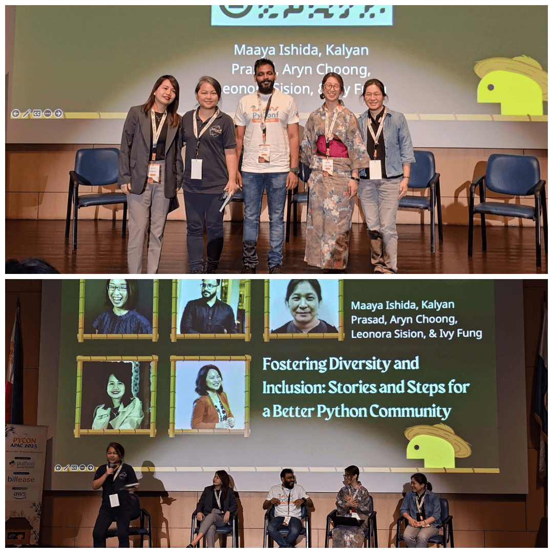 A two-image collage showing five panelists standing together on stage in the top photo, and a panel discussion on fostering diversity and inclusion in the Python community in the bottom photo.