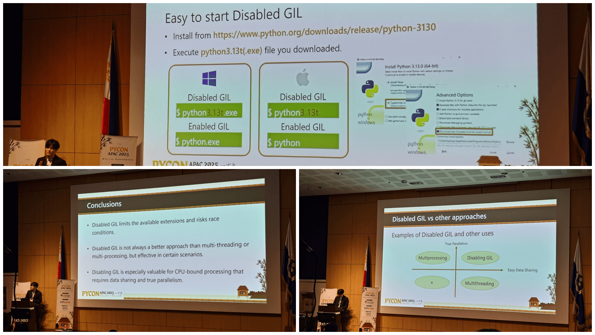 A three-slide collage showing a PyCon APAC 2025 speaker presenting how to disable Python’s GIL, including instructions for different operating systems, concluding notes on performance trade-offs, and comparisons with other concurrency methods.