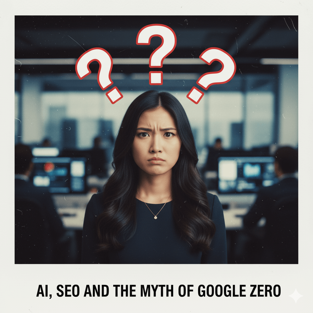 A woman looking concerned, surrounded by a blurred background with text reading "AI, SEO and the Myth of Google Zero." Focus on AI, SEO challenges.