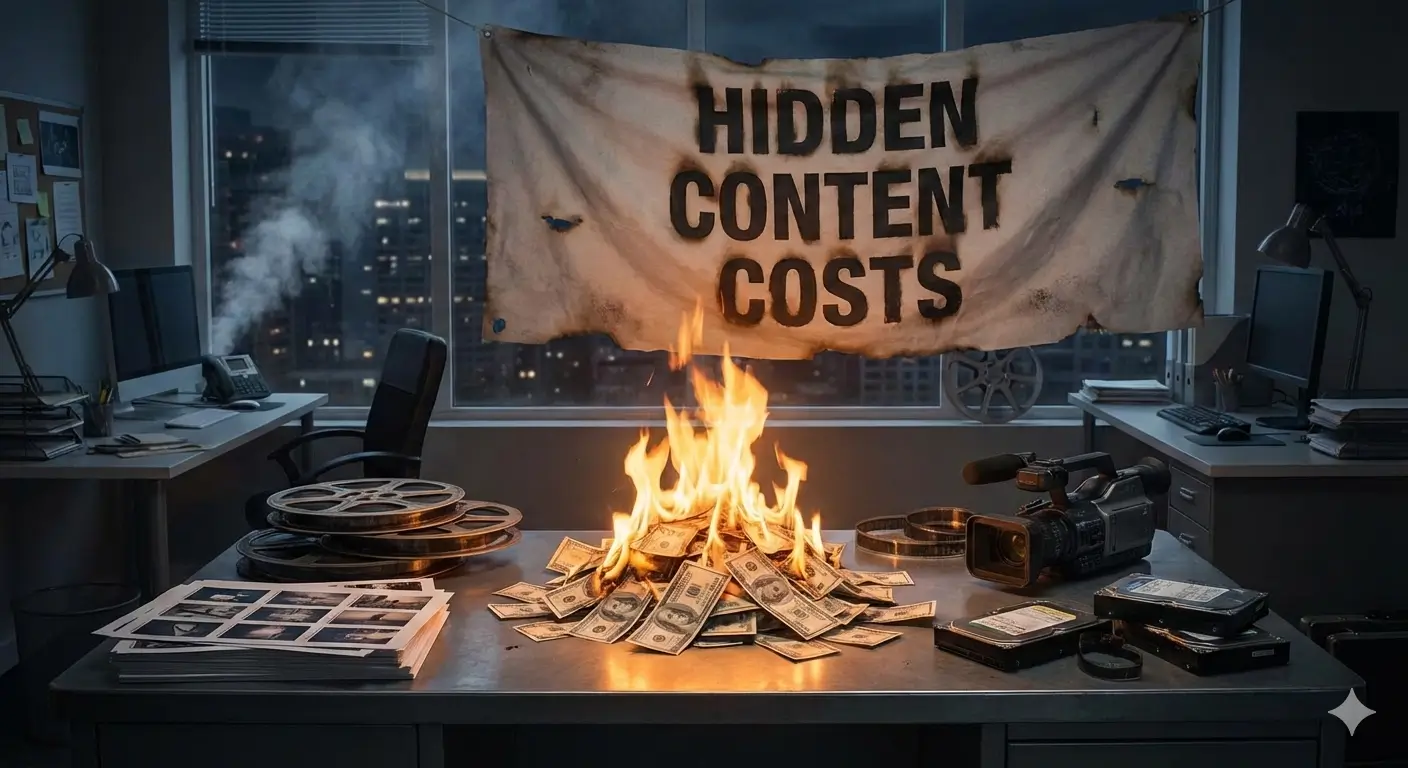 Image showing a burning banner with "Hidden Content Costs" over a messy office, representing financial risks with web content creation.