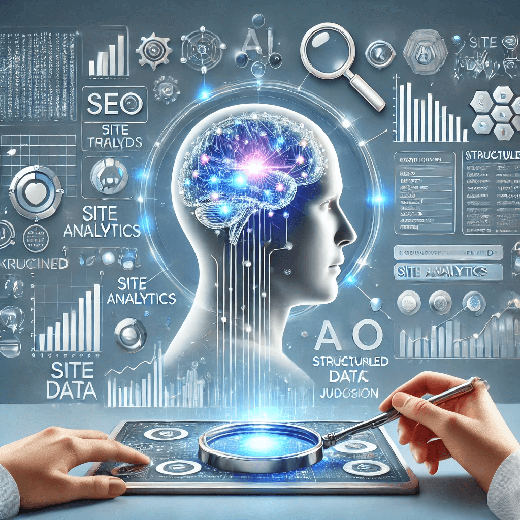 An illustration showing the integration of AI into SEO workflows, featuring a glowing digital brain analyzing data on a virtual dashboard with graphs, keywords, and structured data diagrams, complemented by human hands interacting with the interface.