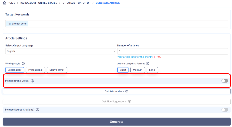 A screenshot that shows a toggle switch to include your Kafkai's Brand Voice into the generated article.