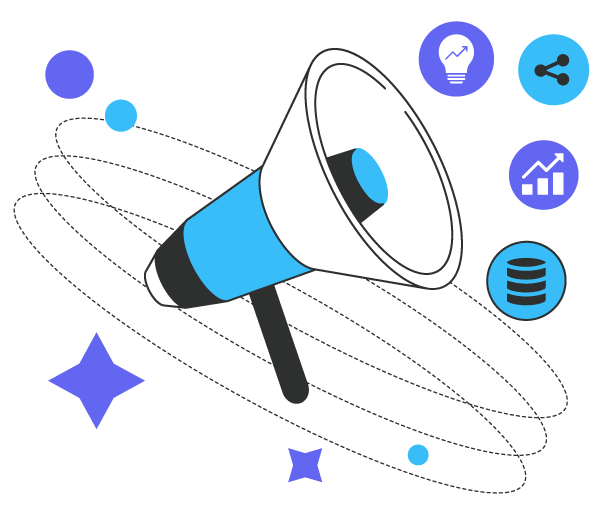 A blue megaphone promoting an affiliate program, set against a colorful background. Useful for marketing and showcasing online opportunities.