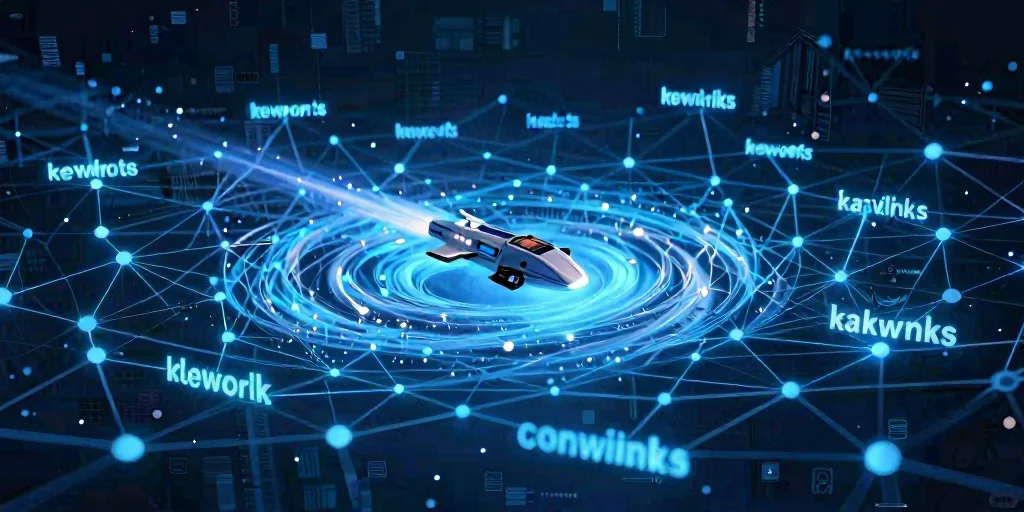 Futuristic cityscape with a spacecraft flying through a network of interconnected nodes, representing data streams and the power of domain connectivity.