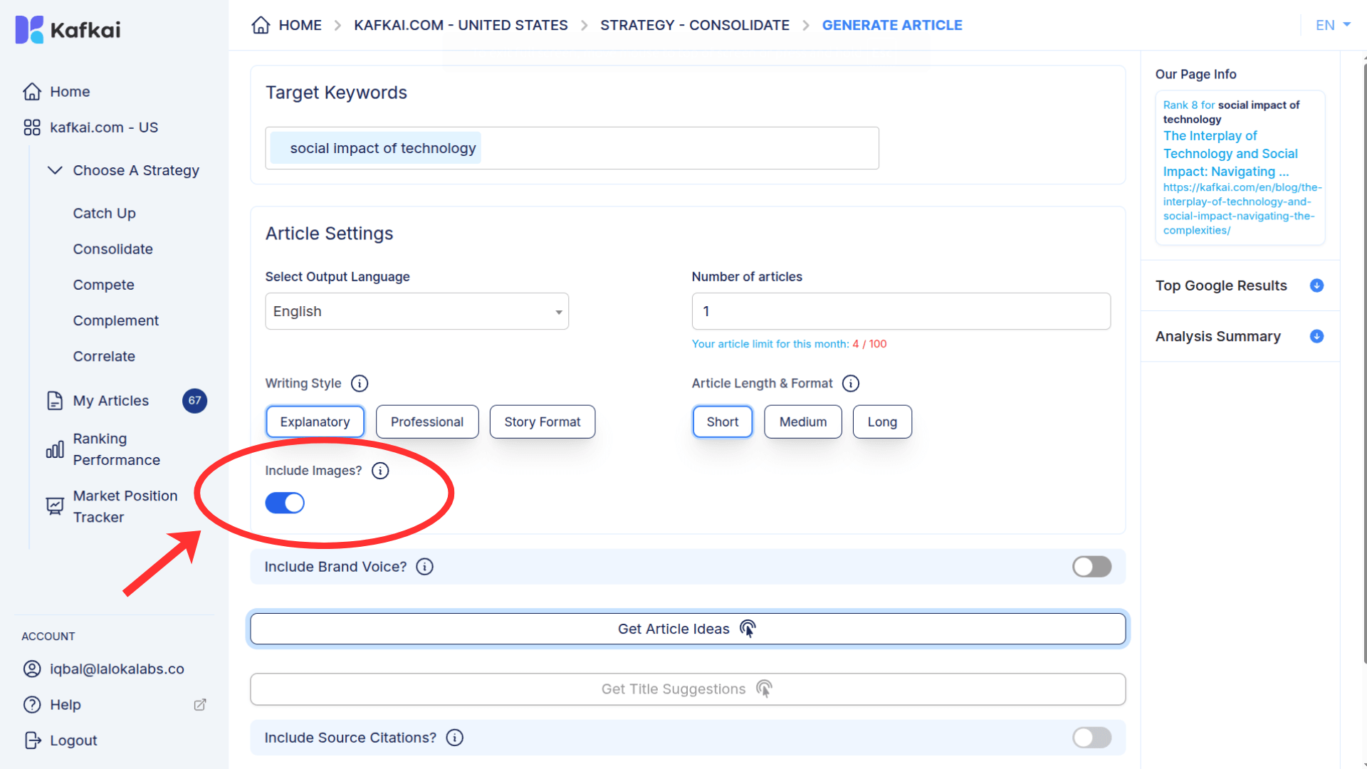 Kafkai new release interface showing "Include Images?" toggle enabled for generating articles with target keywords "social impact of technology"