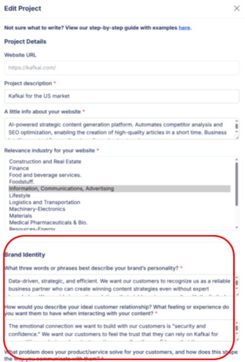 A screenshot of Kafkai's Project edit page where customers can set the Project details and Project's brand details.