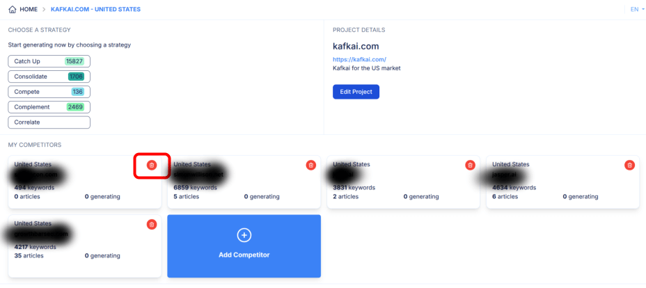 Kafkai dashboard interface showing options to generate content, consolidate results, and add competitors for SEO analysis and content creation.