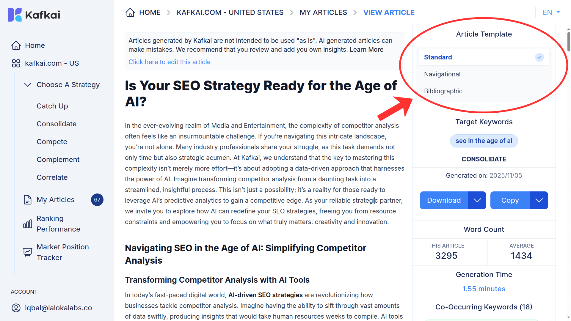 kafkai.com Article Page: 'Is Your SEO Strategy Ready for the Age of AI?' with Article Template options and target keyword 'seo in the age of ai'