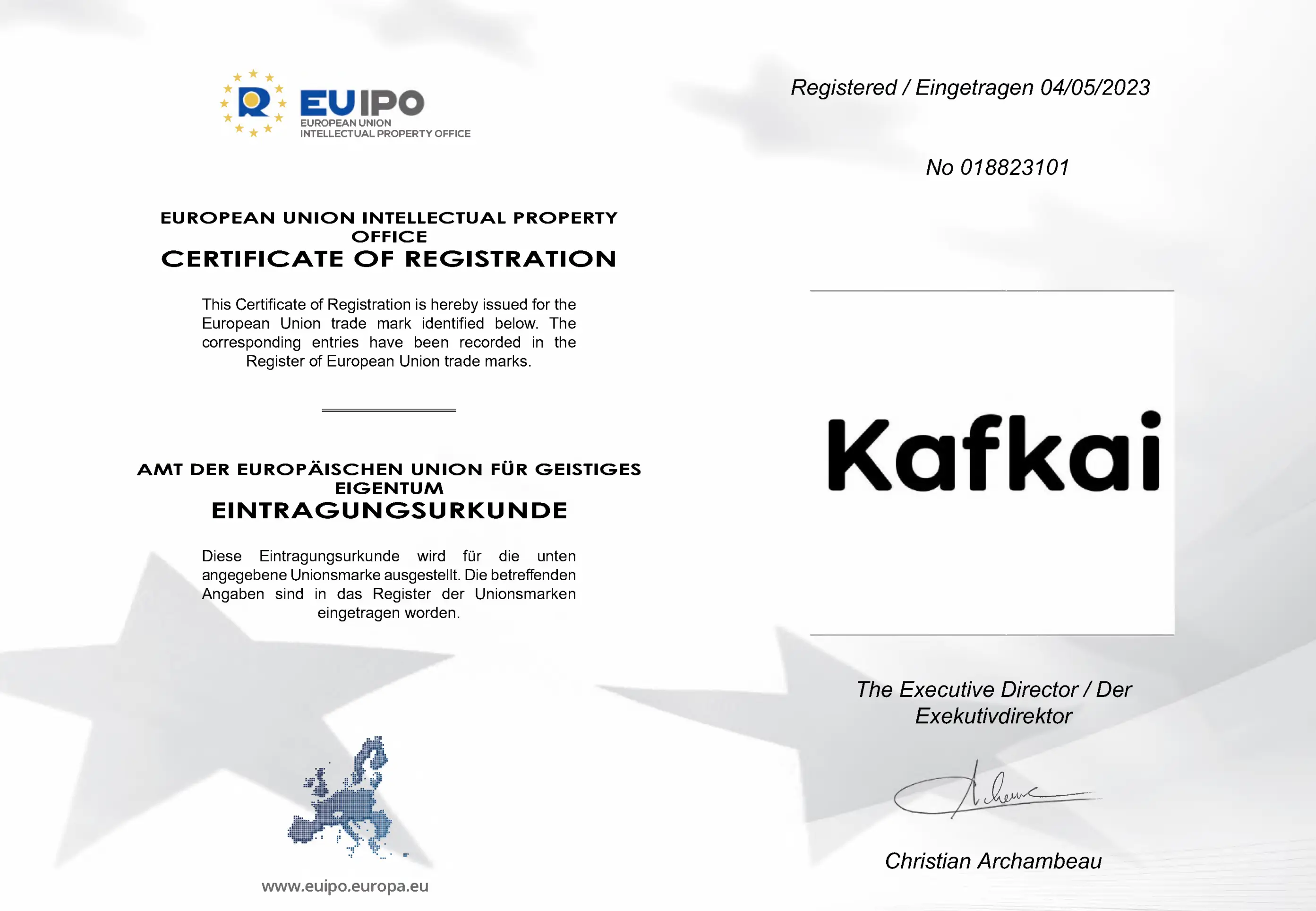 EUIPO Trademark Registration Certificate for Kafkai