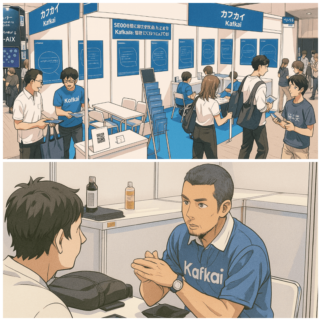 Detailed illustration of a conference or tech event, featuring people and tables.