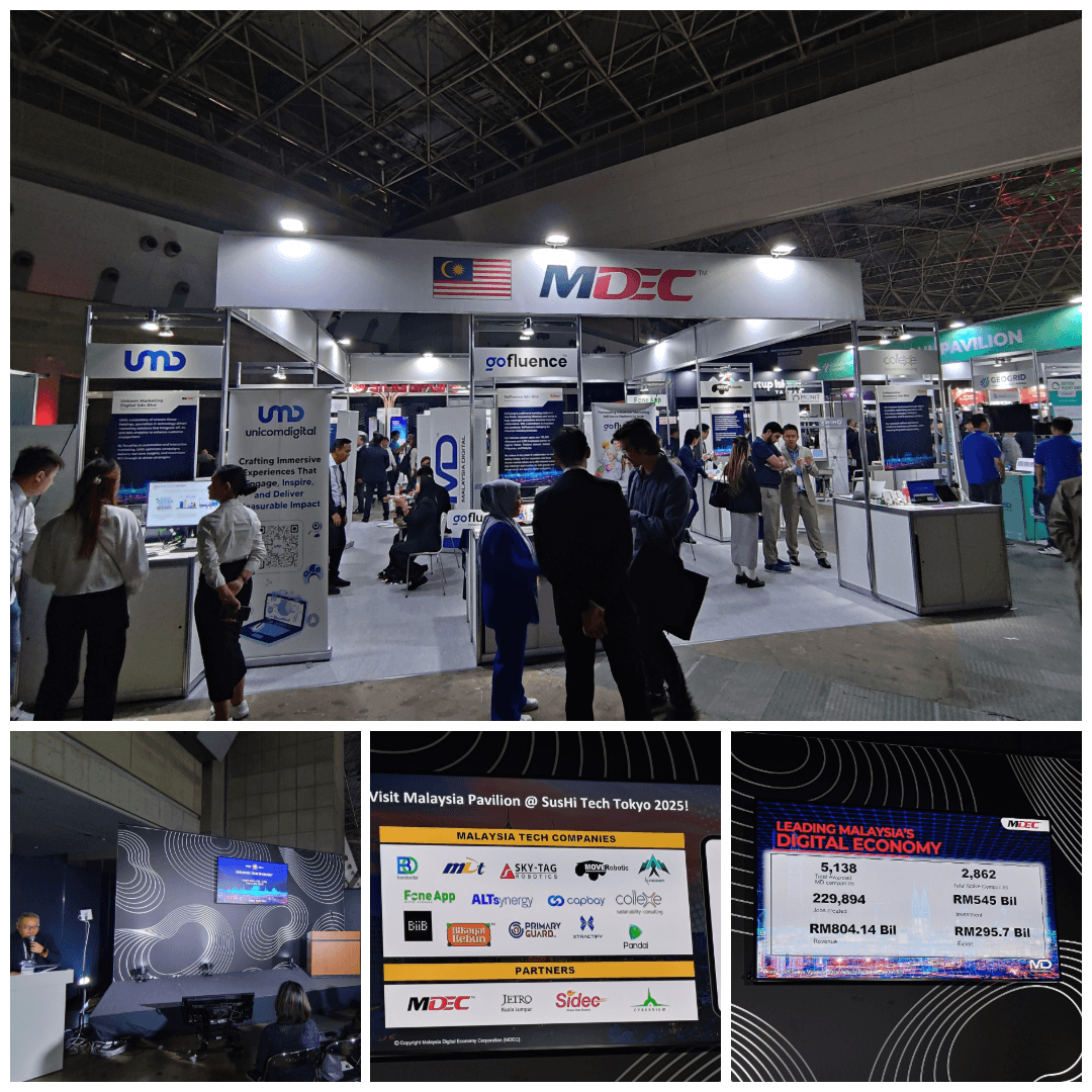 Malaysian tech companies showcase their innovations at the SusHI Tech Tokyo 2025 trade show. Featuring vibrant displays & busy crowds.