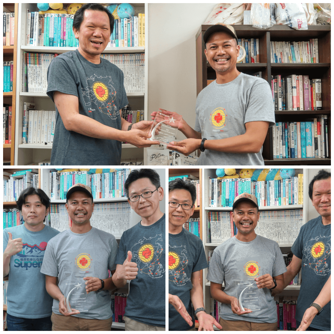Four individuals, one receiving a PSF Community Service Award for Python contributions. Smiling faces emphasize community spirit and achievement.