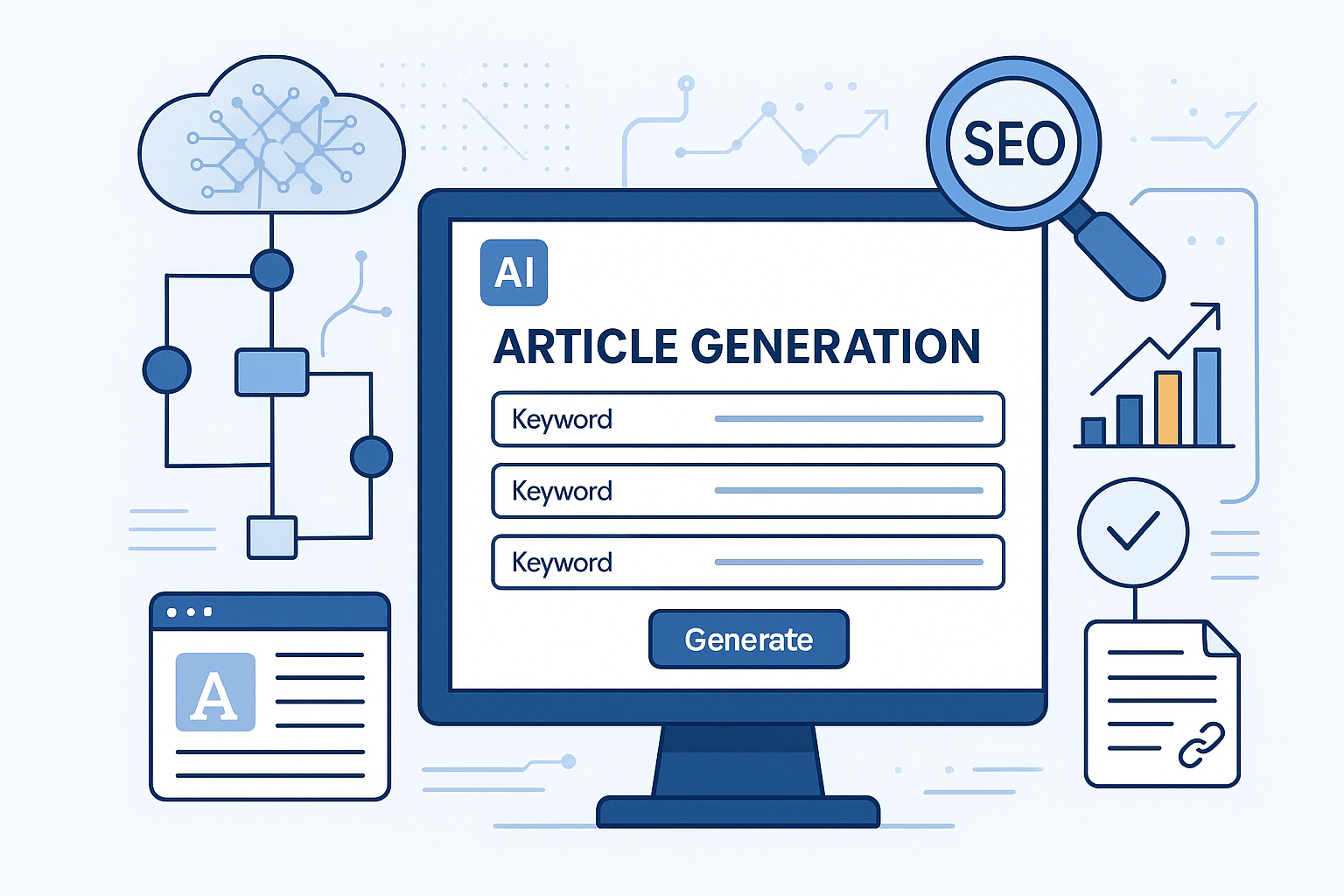 SEO and AI working together to improve website ranking. Graphic shows content generation and data analysis for better search results.
