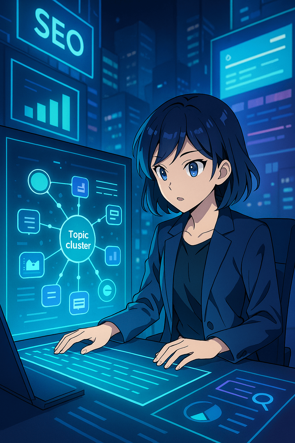 A young woman analyzes data on her laptop, using SEO and SEM strategies to build a topic cluster and optimize content for search engines.