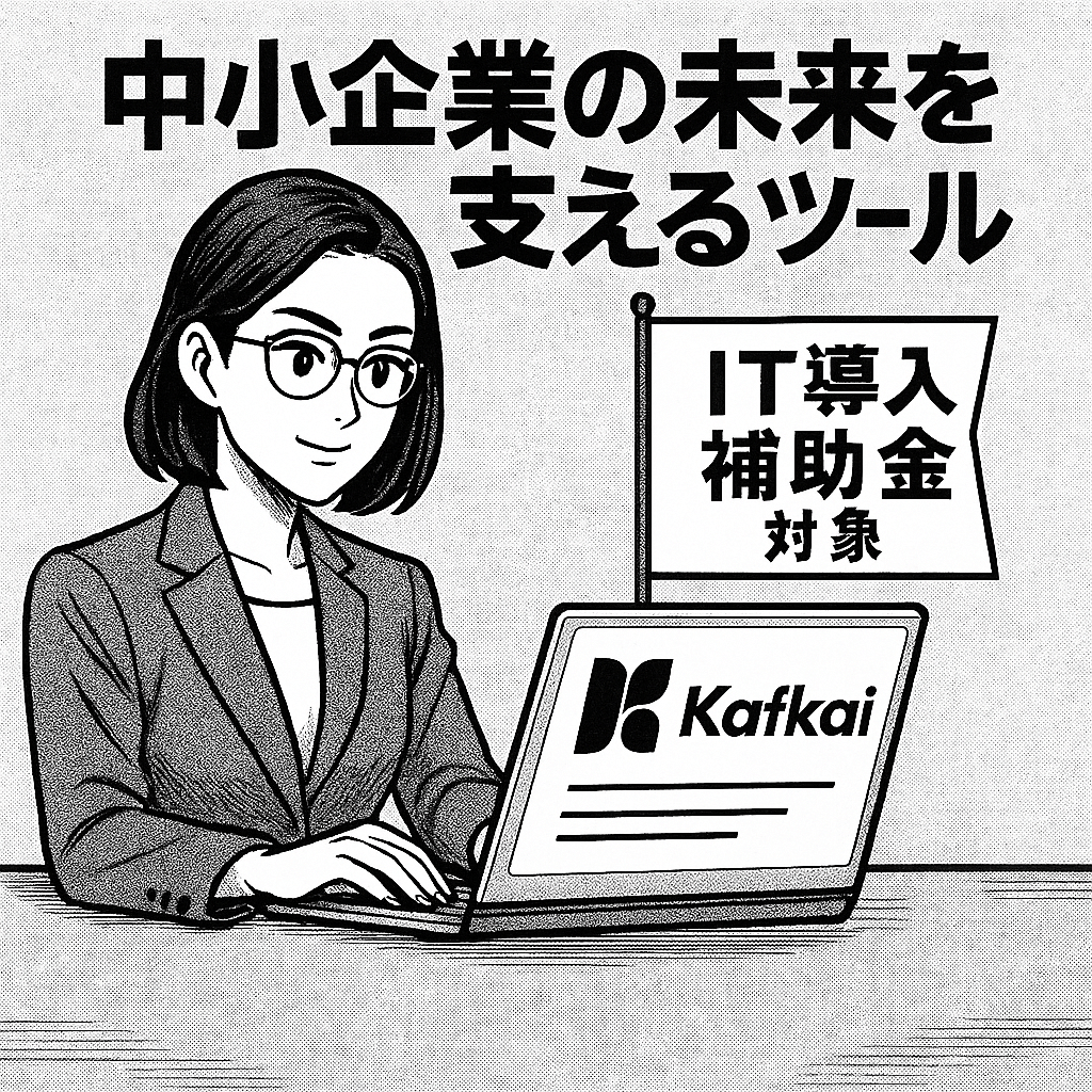 中小企業向けのIT導入補助金申請をPCで確認する女性のイラスト。補助金受給のサポートやデジタル化推進を支援するイメージ。