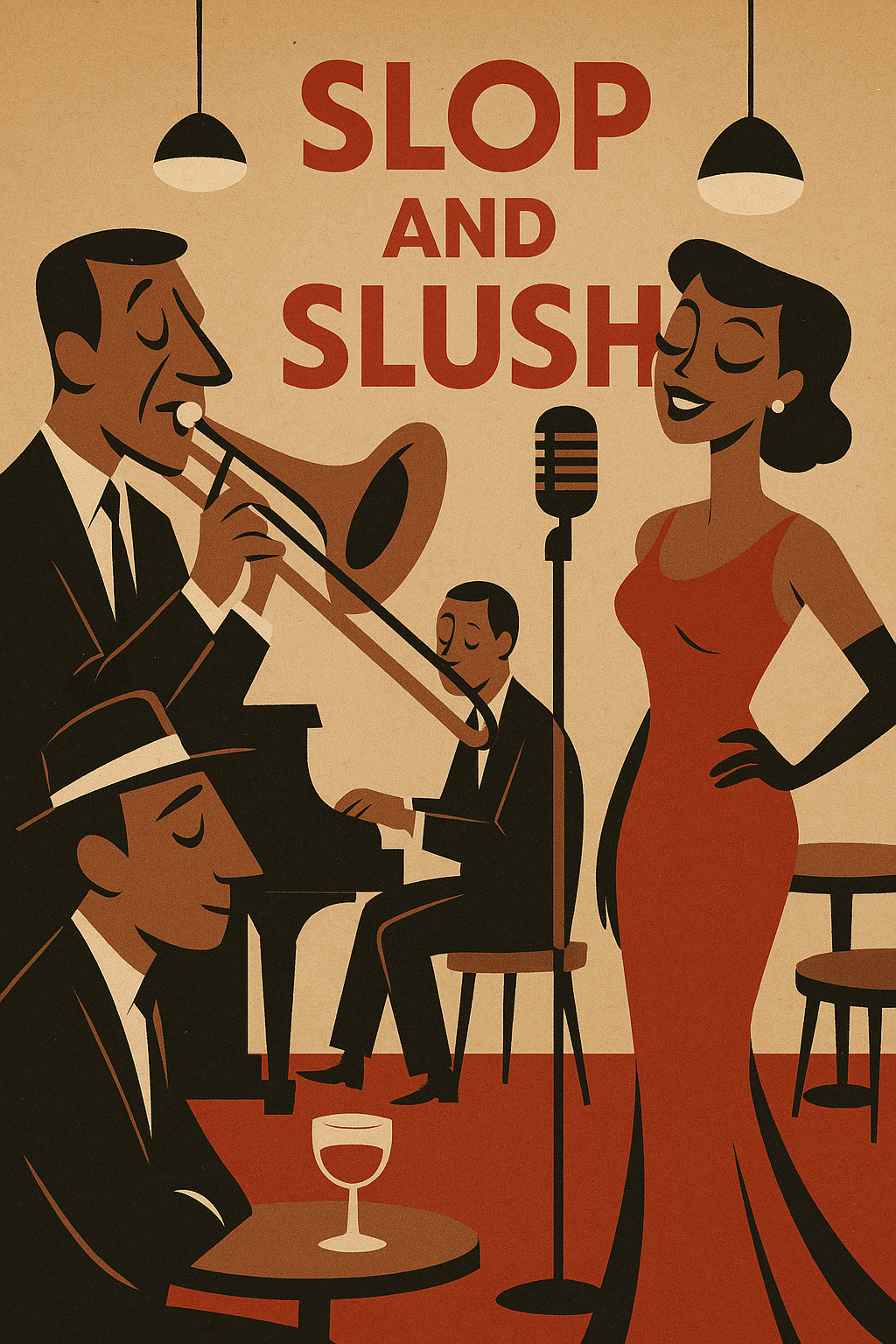 Retro 'SLOP AND SLUSH' jazz club illustration: singer in red dress, vintage trombone, piano, AI-generated for SEO optimization.