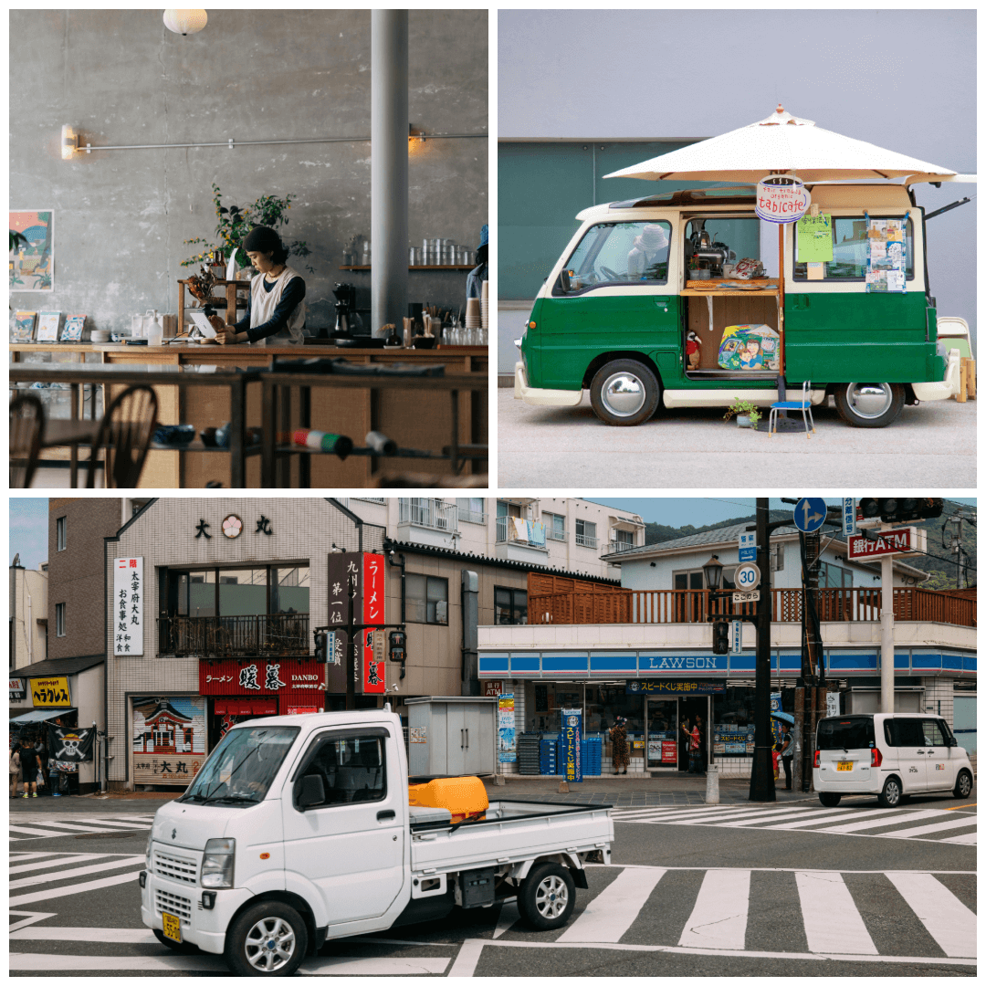 Collage of small business scenes: cafe barista, green food truck, and street with LAWSON, 大丸, ラーメン signs, showing differentiation and survival.