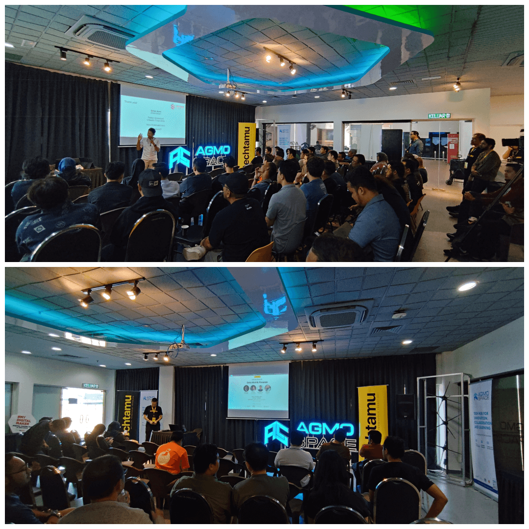 A speaker presents at a techtamu meetup in Cyberjaya, Malaysia. Attendees listen attentively during the event, demonstrating engagement with the technology discussion.