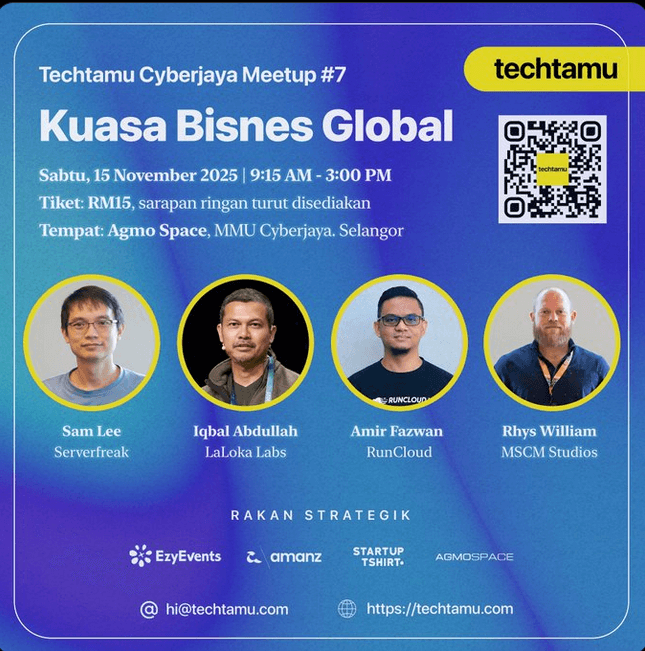 Techtamu Cyberjaya Meetup #7 event flyer for 'Kuasa Bisnes Global' on 15 Nov 2025 with speakers Sam Lee, Iqbal Abdullah, Amir Fazwan, Rhys William.