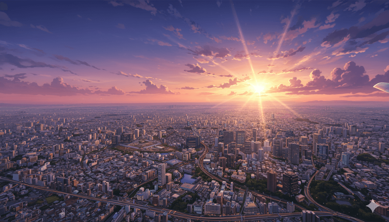 Anime-style sunrise over Tokyo skyline with glowing sun rays, urban sprawl, and highways; evokes pricing increase themes;
