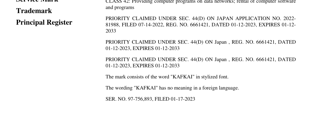 "KAFKAI" trademark registered in the US