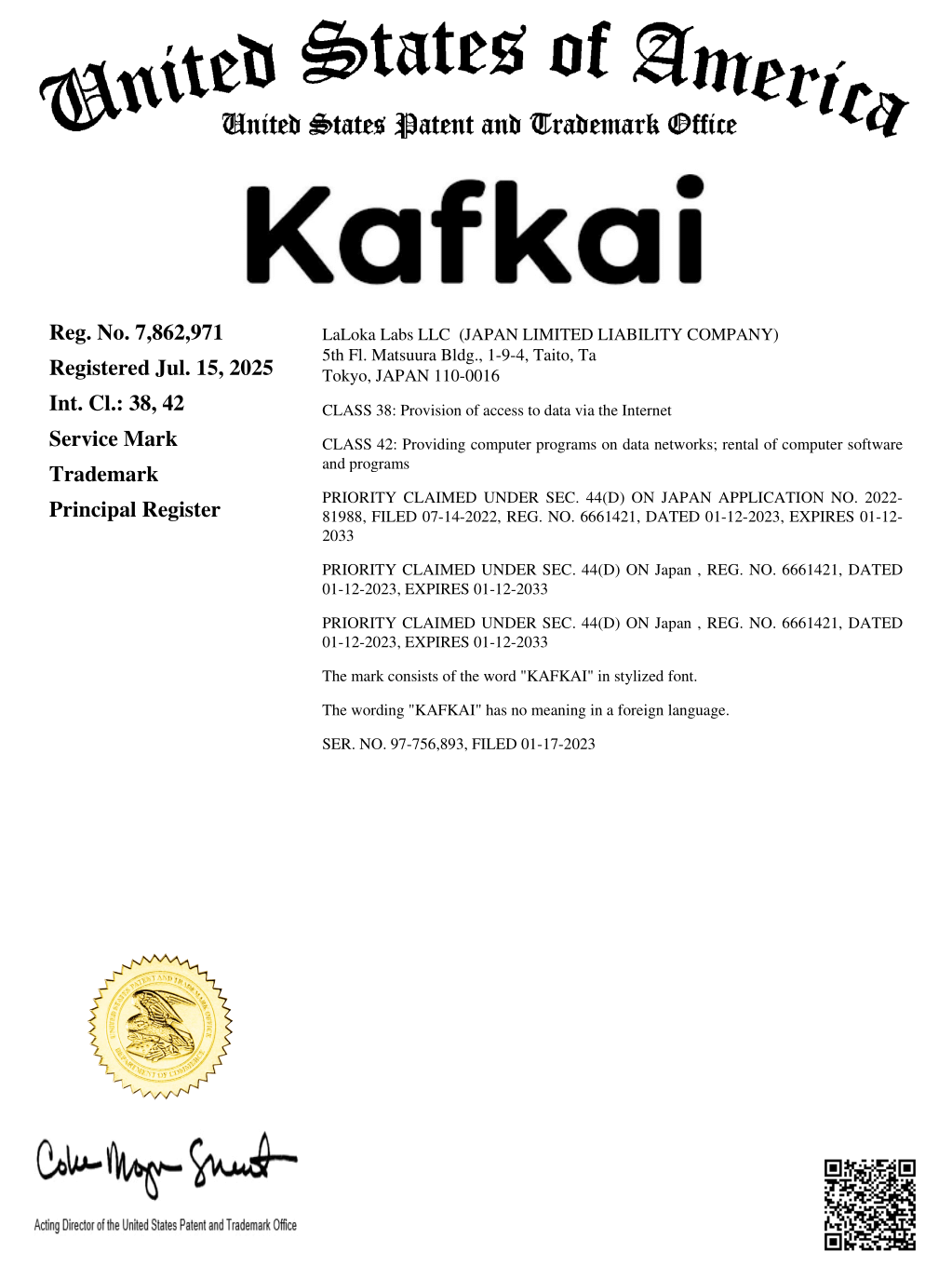 USPTO trademark registration certificate for Kafkai by LaLoka Labs LLC, Reg. No. 7,862,971, registered Jul. 15, 2025, classes 38 & 42