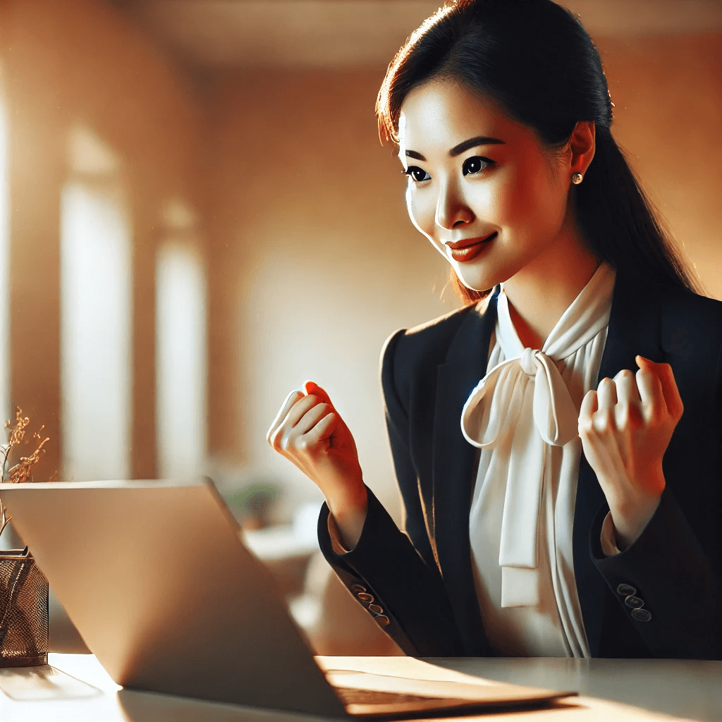 An image of a young Asian woman having an empowered moment using AI