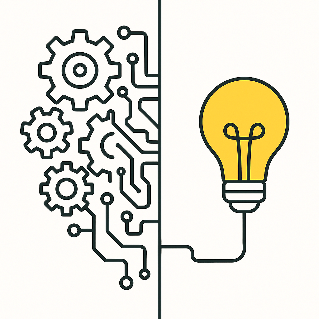 A split-brain graphic showing gears and circuitry on the left, a glowing yellow lightbulb on the right — symbolizing writing tools like Kafkai for creative ideation.