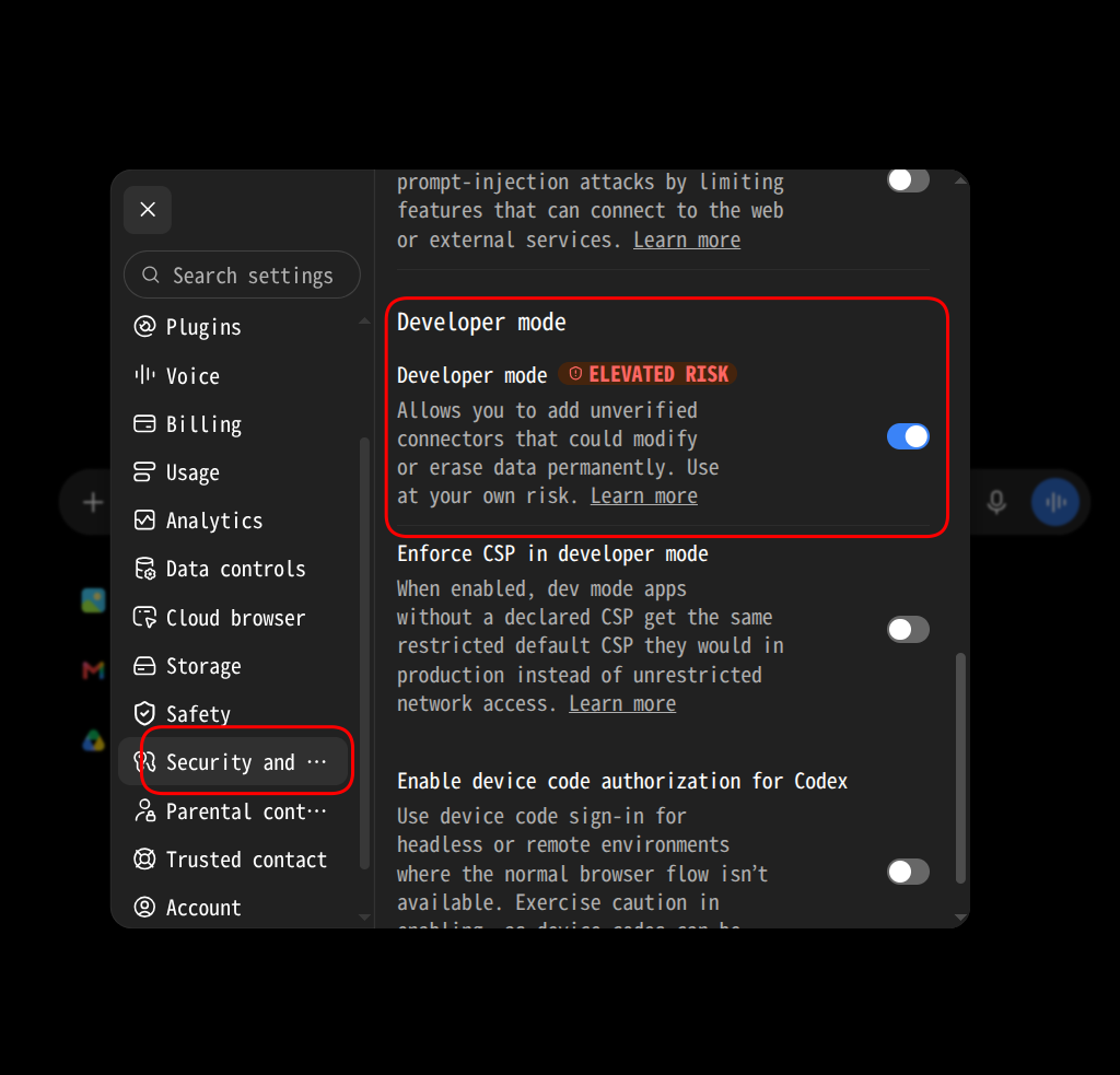 ChatGPT settings with the Security section selected and the Developer mode switch turned on
