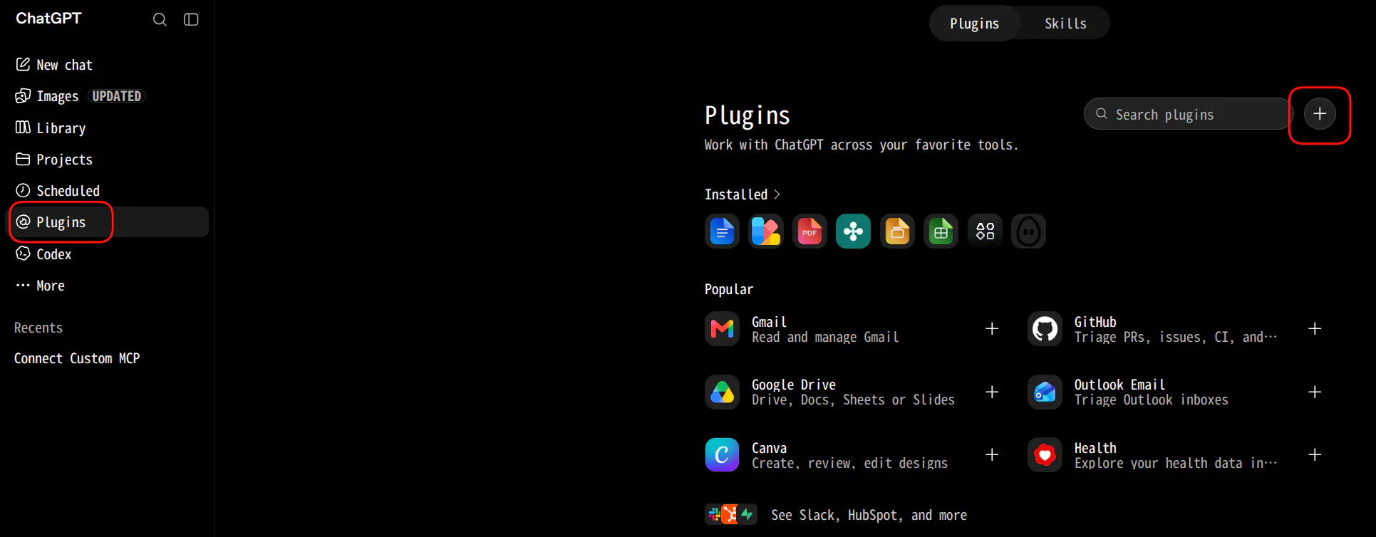 The ChatGPT Plugins page with the plus button at the top right highlighted