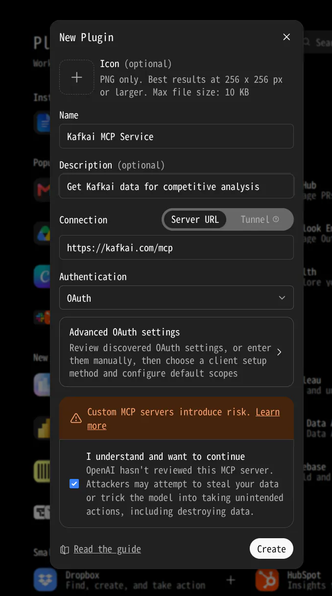 The New Plugin form filled in with the Kafkai name, the server URL, OAuth authentication and the consent box ticked