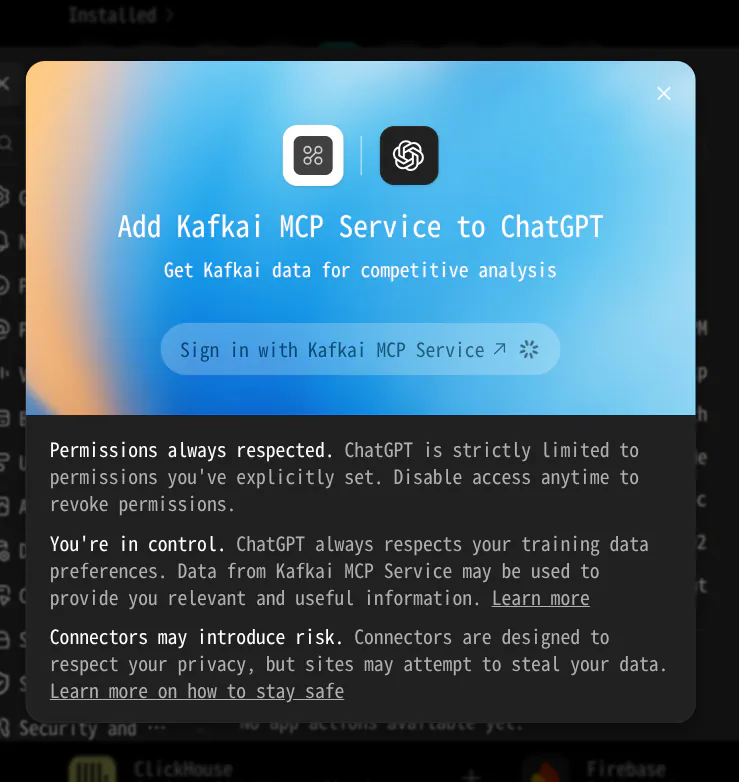 The Add Kafkai MCP Service to ChatGPT dialog with the Sign in button