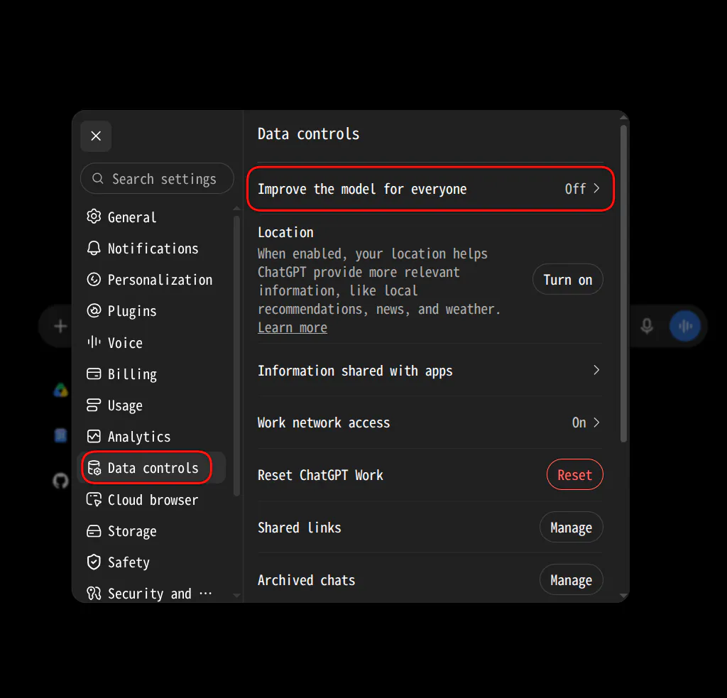 ChatGPT Data controls with Improve the model for everyone set to Off