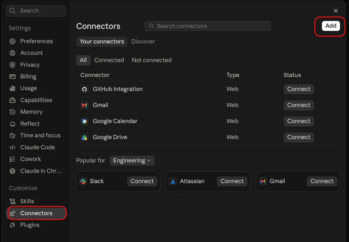 Claude settings with Connectors selected under Customize and the Add button at the top right highlighted