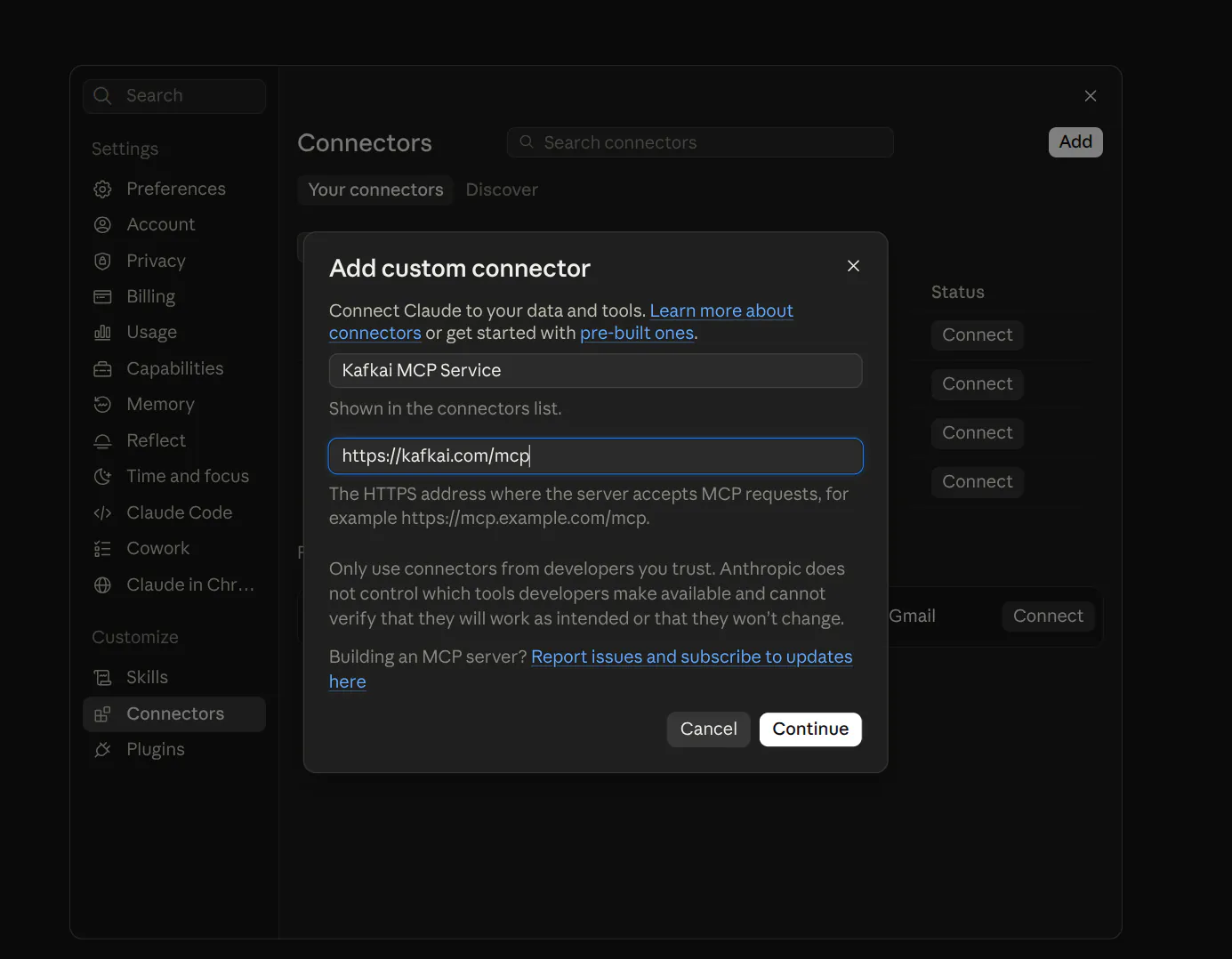 The Add custom connector dialog with the Kafkai name and the server URL filled in
