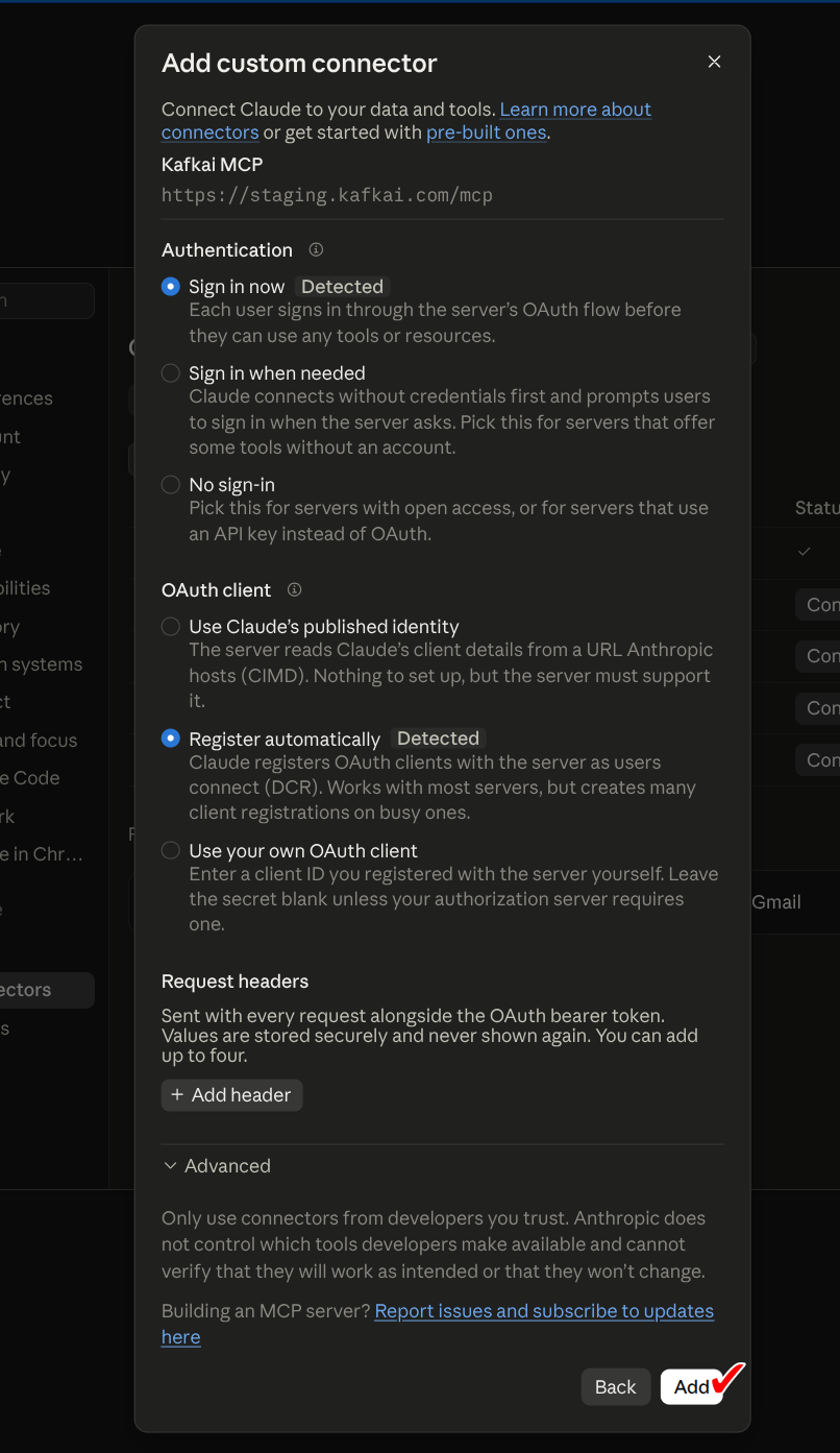 The second page of the Add custom connector dialog, with Sign in now and Register automatically detected and the Add button