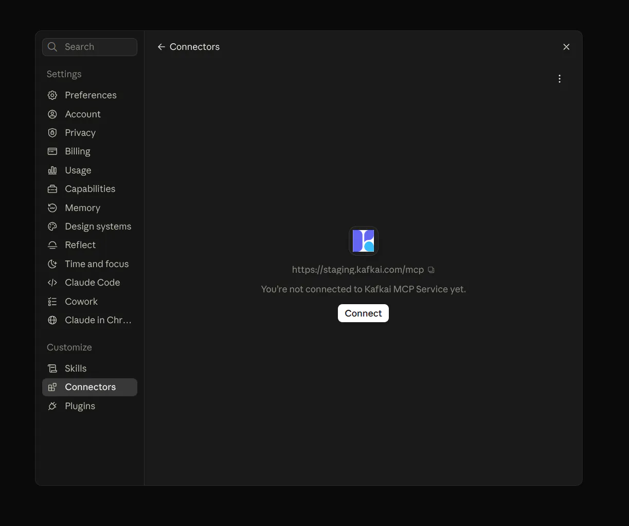 The Kafkai connector page in Claude showing the server URL and a Connect button