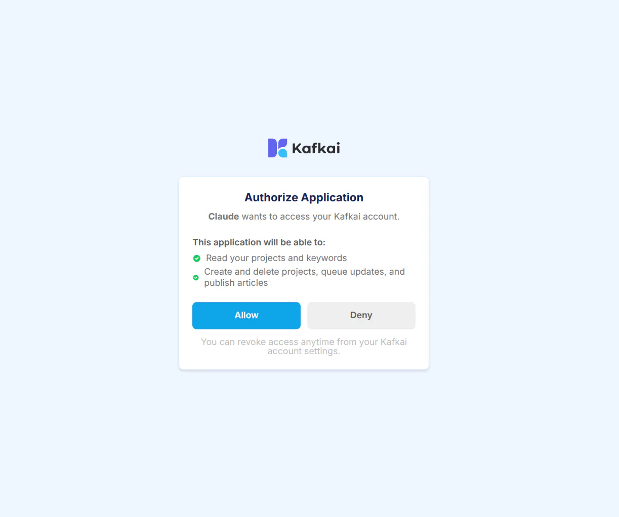 Kafkai's Authorize Application page listing what Claude will be able to do, with Allow and Deny buttons