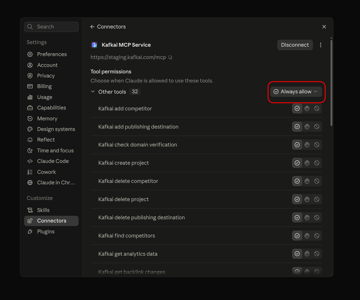 The Kafkai connector page with every tool set to Always allow