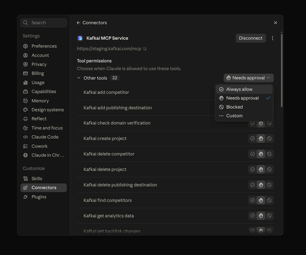 The Tool permissions dropdown on the Kafkai connector page, open, with Always allow, Needs approval, Blocked and Custom