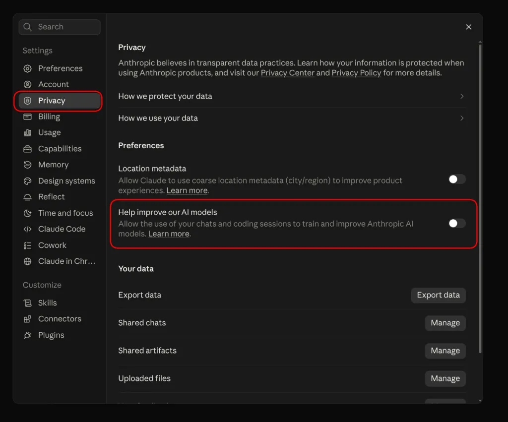 Claude settings with Privacy selected and the Help improve our AI models toggle turned off