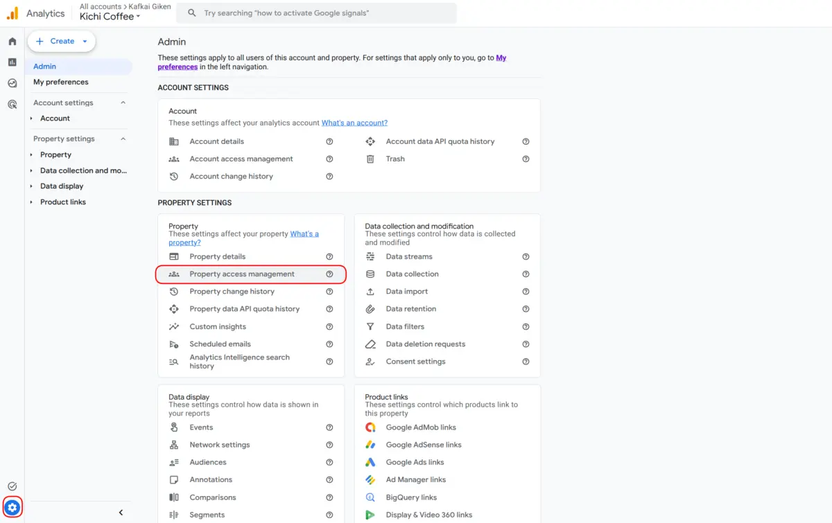 The Google Analytics Admin page, with the Admin gear icon and Property access management in the Property section highlighted