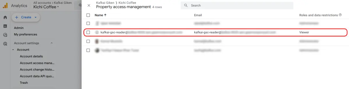 The Property access management list in Google Analytics, with the Kafkai reader address highlighted and its role set to Viewer