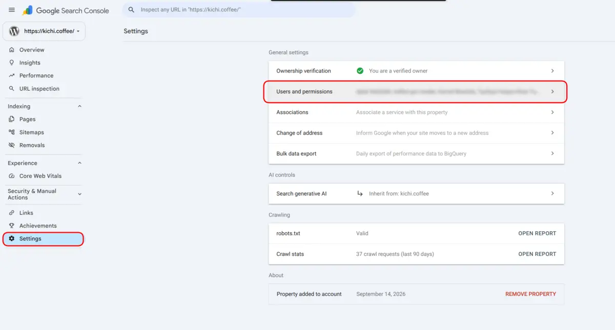 The Search Console Settings page, with Settings in the menu and the Users and permissions row highlighted