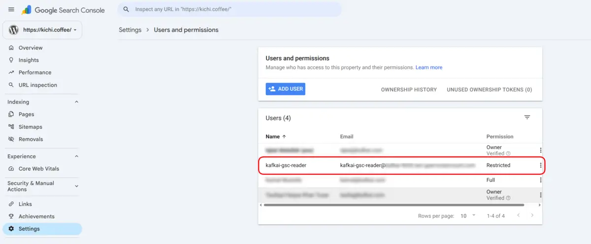 The Users and permissions list in Search Console, with the Kafkai reader address highlighted and its permission set to Restricted